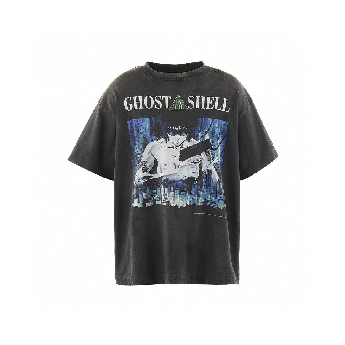 GHOST IN THE SHELL x SAINT Mxxxxxx SS TEE/BLK Classic big IP Ghost in the Shell co-branded model Sunglasses Motoko/Motoko character TEE Washed black S-XL Look for the cylindrical fabric without side seams. The opening is almost meaningless. Asut ready-made garments dyed. The whole piece is sprayed with Ma Liu. Re-spray heavy areas to fade. The collar and cuffs are frayed. Many places are broken. Oversized printing bits. Authentic level restored. Customized joint main mark/wash mark/with little angel anti-counterfeiting mark